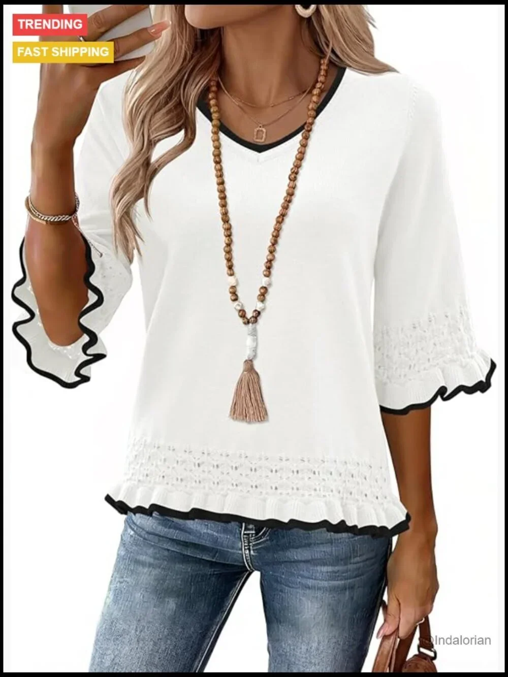 Polypropylene Blend V-Neck Peplum Pullover Sweater 3/4 Sleeve